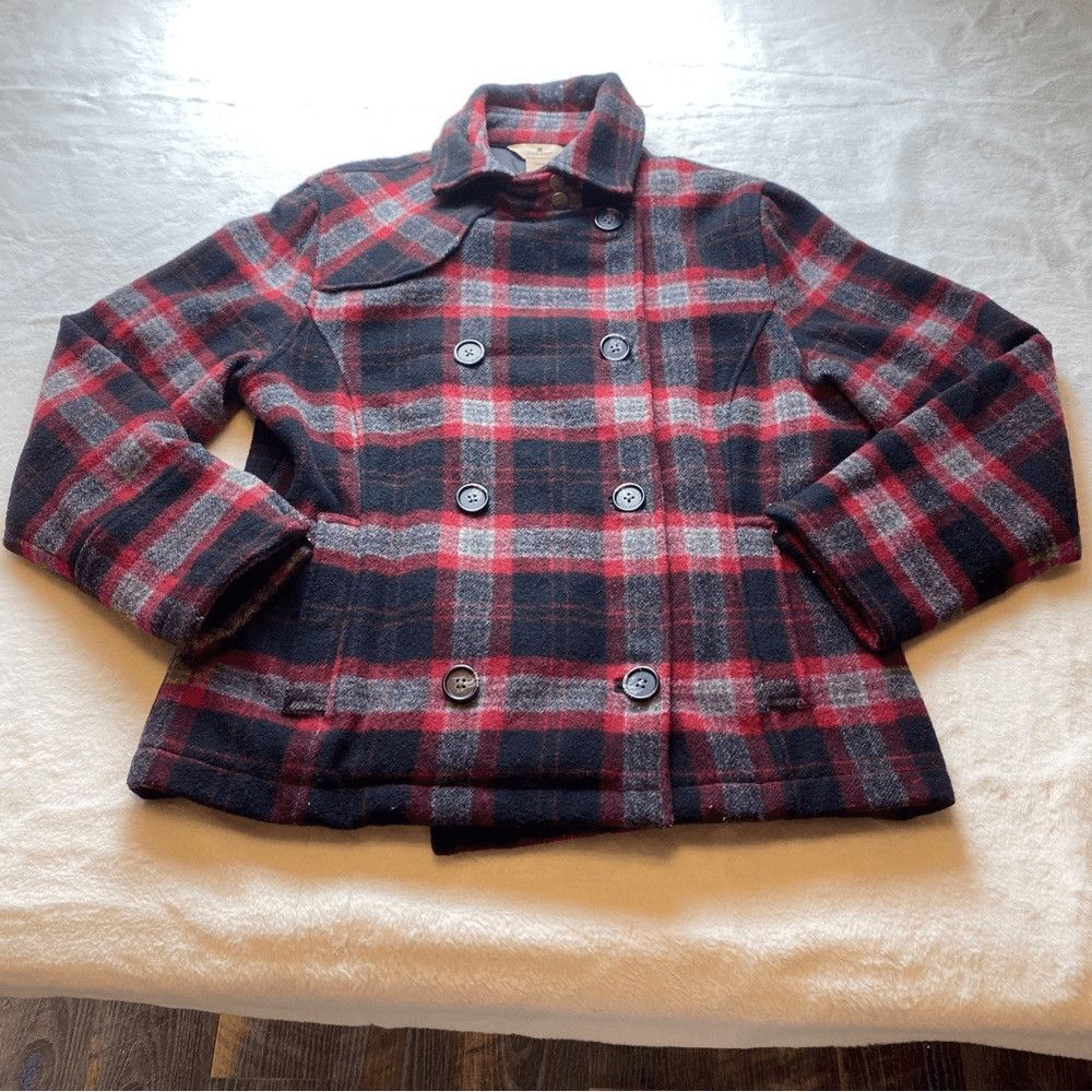 Woolrich Womens Wool Blend Plaid Pea Coat Red Black Gray Double Breasted S